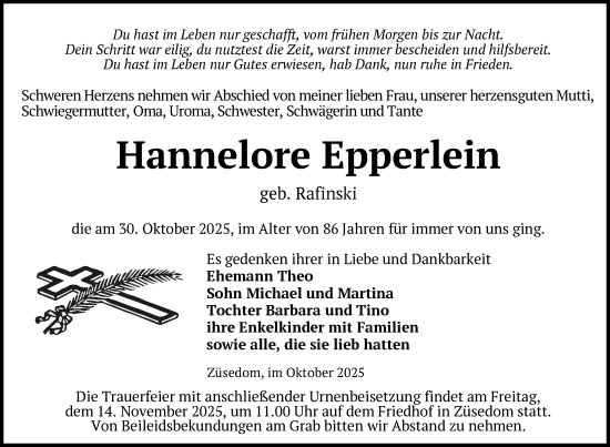 Traueranzeige von Hannelore Epperlein von Nordkurier Grosso
