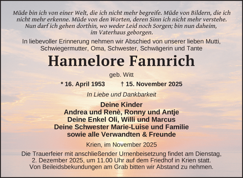  Traueranzeige für Hannelore Fannrich vom 22.11.2025 aus Nordkurier Vorpommern Kurier
