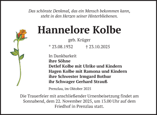 Traueranzeige von Hannelore Kolbe von Uckermark Kurier Prenzlauer Zeitung