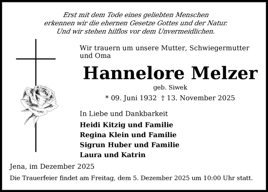Traueranzeige von Hannelore Melzer von Anzeiger für Sternberg - Brüel - Warin