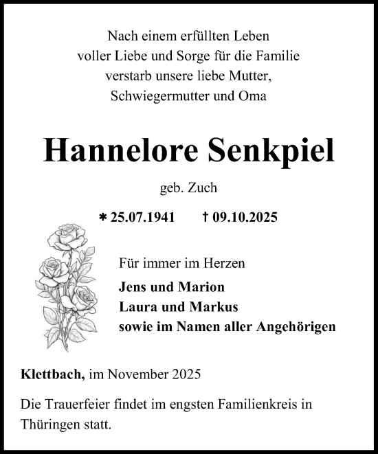 Traueranzeige von Hannelore Senkpiel von Norddeutsche Neueste Nachrichten