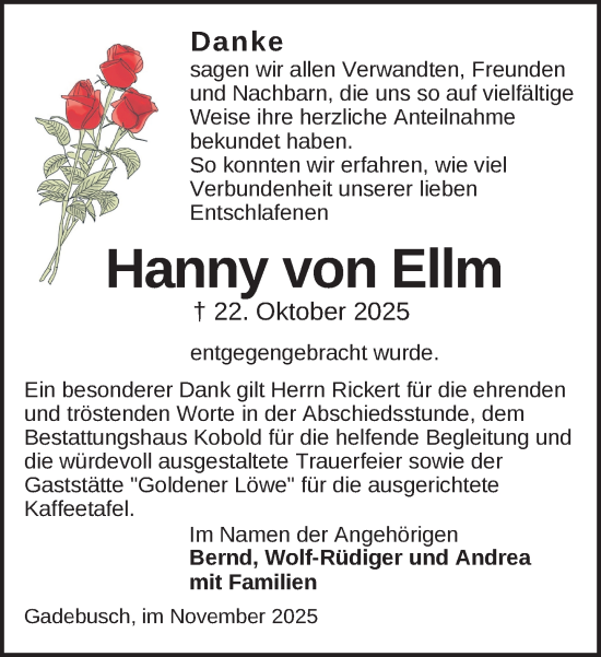 Traueranzeige von Hanny von Ellm von Gadebusch - Rehnaer Zeitung