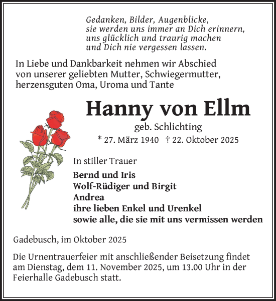 Traueranzeige von Hanny von Ellm von Gadebusch - Rehnaer Zeitung