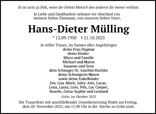 Traueranzeige von Hans-Dieter Mülling von Nordkurier Strelitzer Zeitung