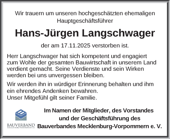 Traueranzeige von Hans-Jürgen Langschwager von Zeitung für die Landeshauptstadt