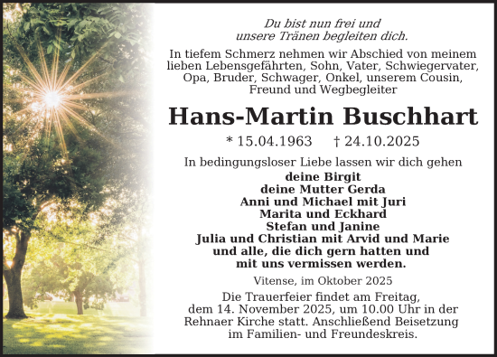 Traueranzeige von Hans-Martin Buschart von Gadebusch - Rehnaer Zeitung