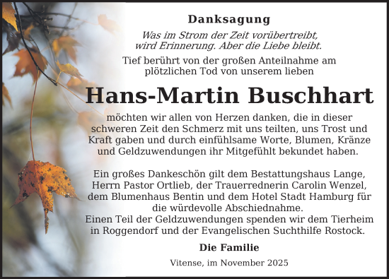 Traueranzeige von Hans-Martin Buschart von Gadebusch - Rehnaer Zeitung