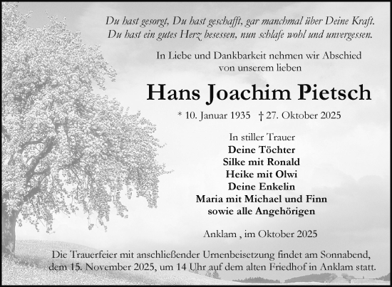 Traueranzeige von Hans Joachim Pietsch von Nordkurier Vorpommern Kurier