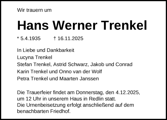 Traueranzeige von Hans Werner Trenkel von Parchim und Lübz