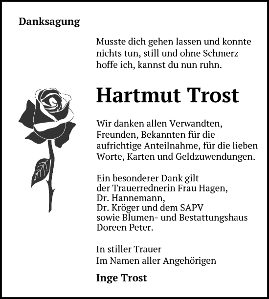 Traueranzeige von Hartmut Trost von Nordkurier Neubrandenburger Zeitung