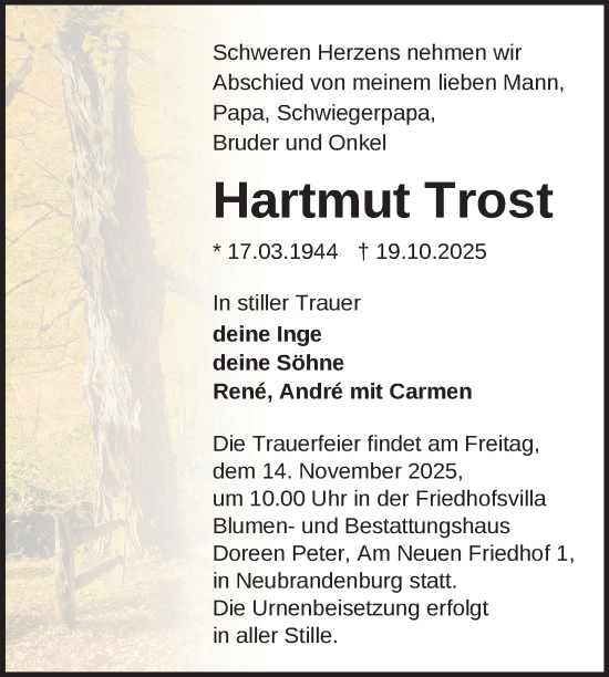 Traueranzeige von Hartmut Trost von Nordkurier Neubrandenburger Zeitung