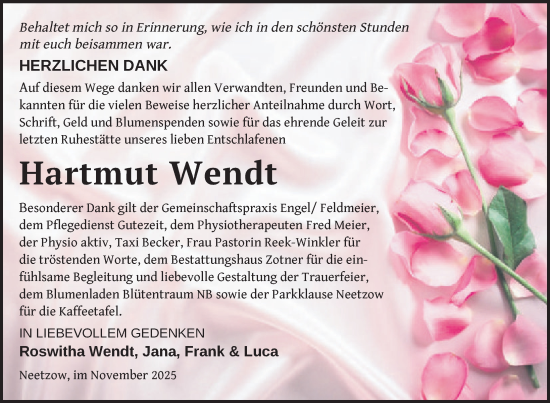 Traueranzeige von Hartmut Wendt von Nordkurier Vorpommern Kurier