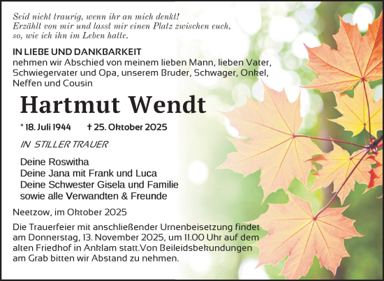 Traueranzeige von Hartmut Wendt von Nordkurier Vorpommern Kurier