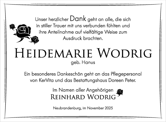 Traueranzeige von Heidemarie Wodrig von Nordkurier Neubrandenburger Zeitung