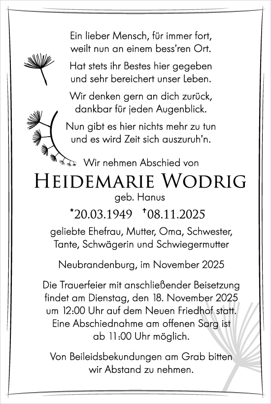 Traueranzeige von Heidemarie Wodrig von Nordkurier Neubrandenburger Zeitung