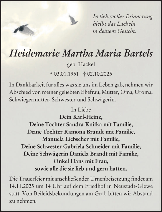 Traueranzeige von Heidemarie Martha Maria Bartels von Ludwigsluster Tageblatt