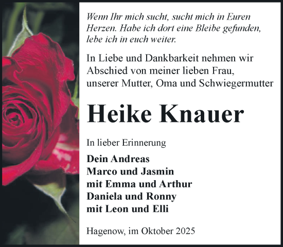 Traueranzeige von Heike Knauer von Hagenower Kreisblatt