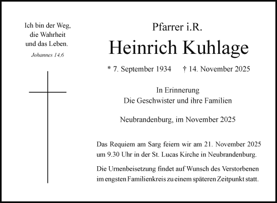 Traueranzeige von Heinrich Kuhlage von Nordkurier Neubrandenburger Zeitung