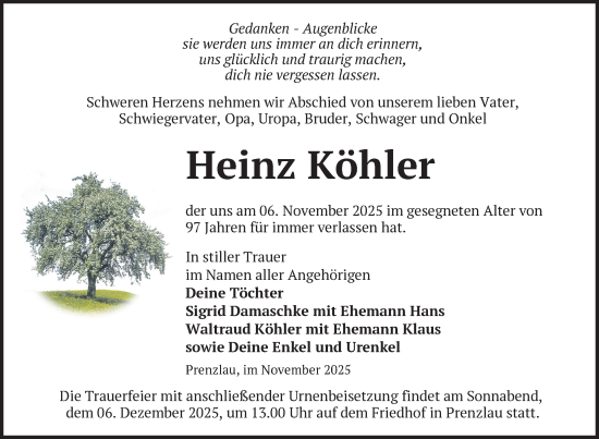 Traueranzeige von Heinz Köhler von Uckermark Kurier Prenzlauer Zeitung
