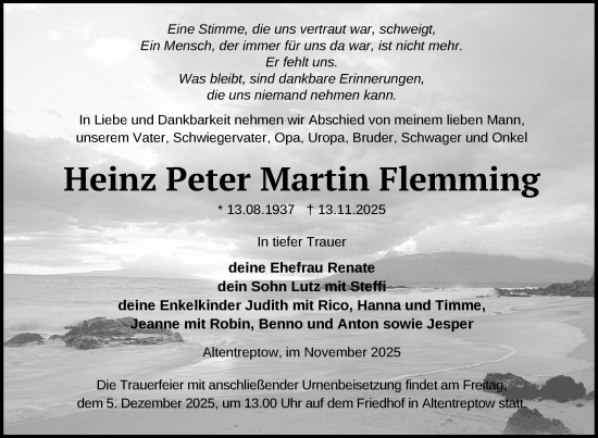 Traueranzeige von Heinz Peter Martin Flemming von Nordkurier Neubrandenburger Zeitung