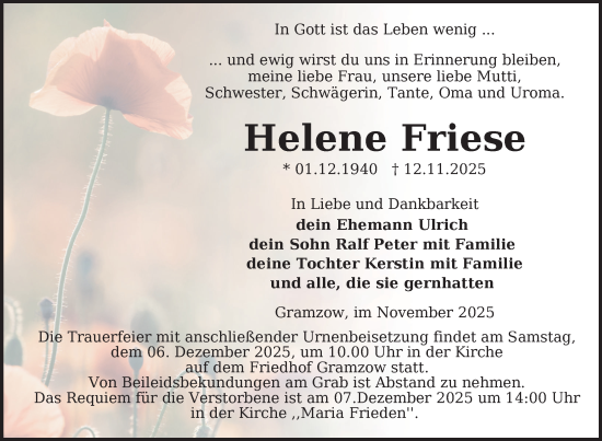 Traueranzeige von Helene Friese von Uckermark Kurier Prenzlauer Zeitung