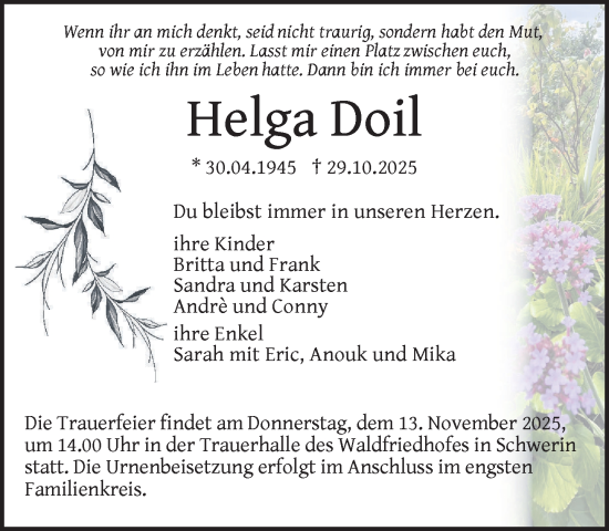 Traueranzeige von Helga Doil von Zeitung für die Landeshauptstadt