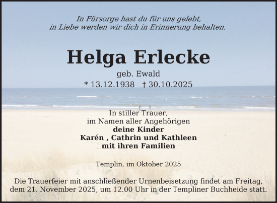 Traueranzeige von Helga Erlecke von Uckermark Kurier Templiner Zeitung