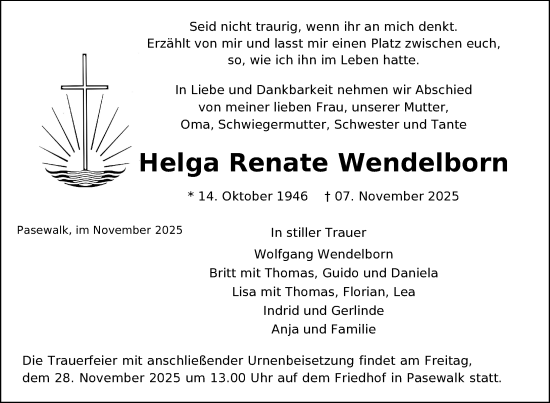Traueranzeige von Helga Renate Wendelborn von Nordkurier Grosso