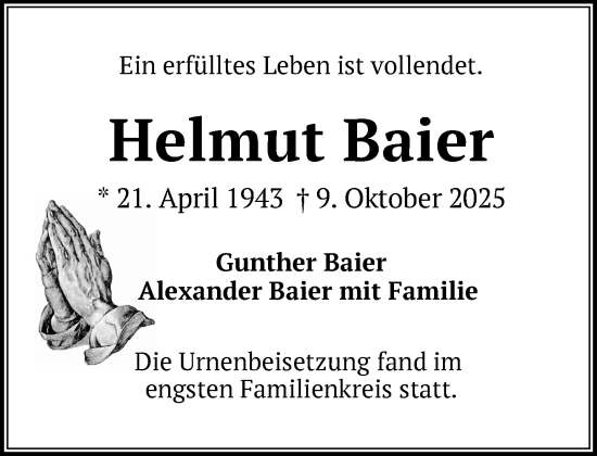 Traueranzeige von Helmut Baier von Zeitung für die Landeshauptstadt