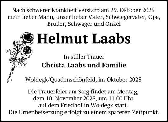 Traueranzeige von Helmut Laabs von Nordkurier Strelitzer Zeitung