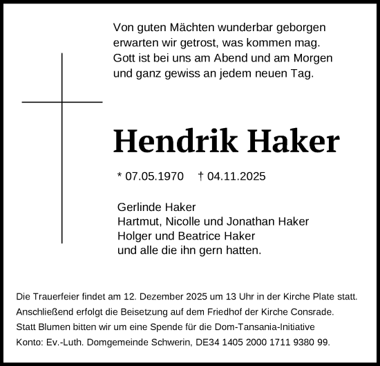 Traueranzeige von Hendrik Haker von Zeitung für die Landeshauptstadt