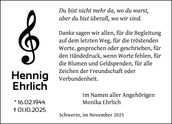 Traueranzeige von Hennig Ehrlich von Zeitung für die Landeshauptstadt