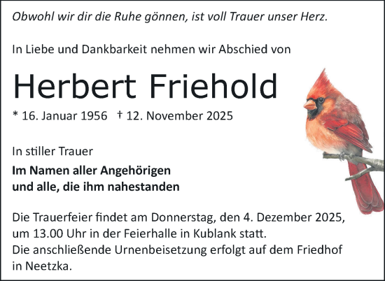 Traueranzeige von Herbert Friehold von Nordkurier Strelitzer Zeitung