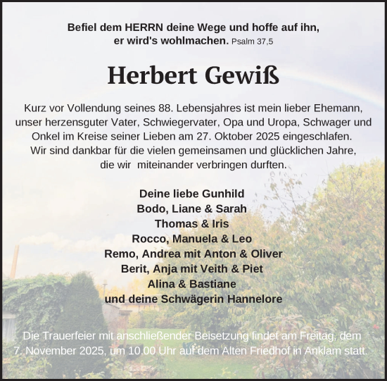 Traueranzeige von Herbert Gewiß von Nordkurier Vorpommern Kurier