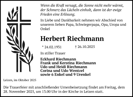 Traueranzeige von Herbert Riechmann von Nordkurier Müritz-Zeitung