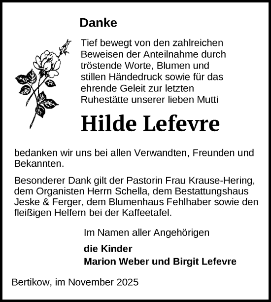 Traueranzeige von Hilde Lefevre von Uckermark Kurier Prenzlauer Zeitung