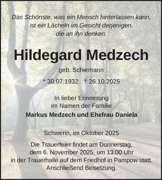 Traueranzeige von Hildegard Medzech von Nordkurier Müritz-Zeitung