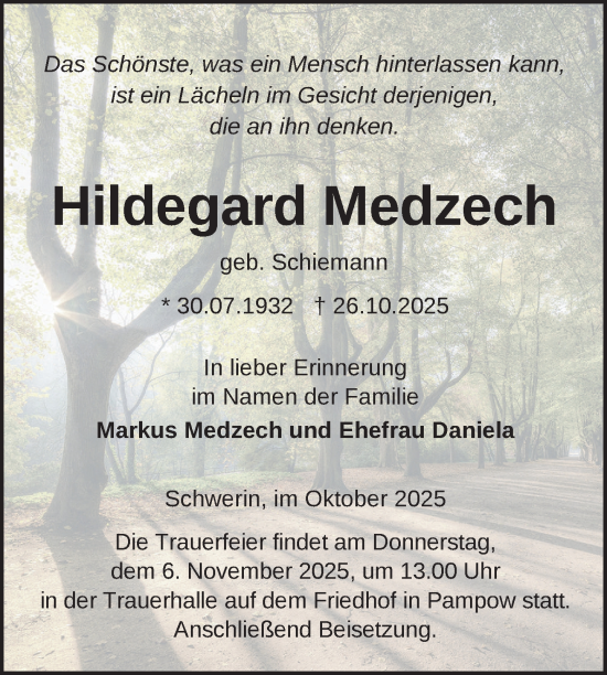 Traueranzeige von Hildegard Medzech von Zeitung für die Landeshauptstadt