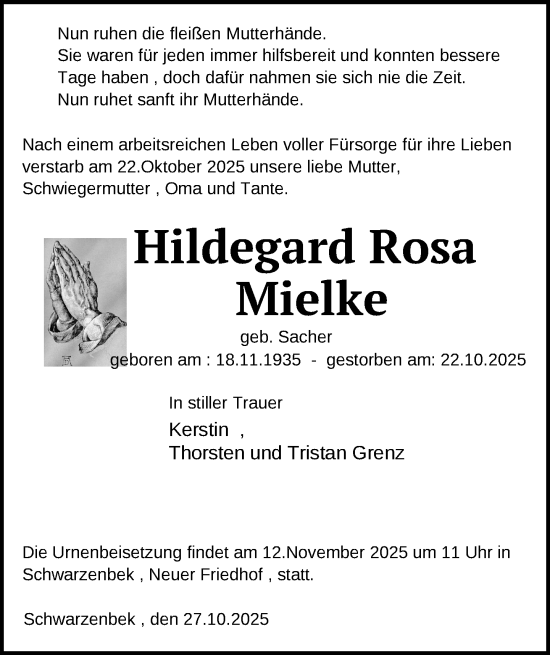 Traueranzeige von Hildegard Rosa Mielke von Hagenower Kreisblatt