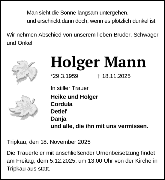 Traueranzeige von Holger Mann von Hagenower Kreisblatt
