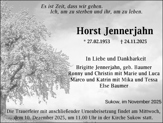 Traueranzeige von Horst Jennerjahn von Zeitung für die Landeshauptstadt