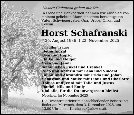 Traueranzeige von Horst Schafranski von Gadebusch - Rehnaer Zeitung