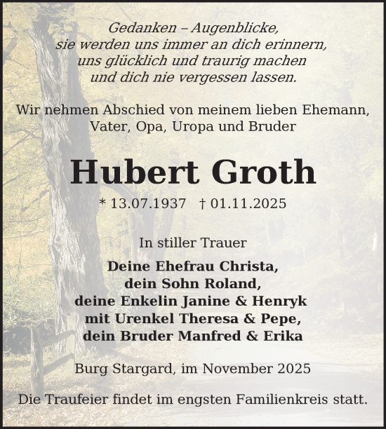Traueranzeige von Hubert Groth von Nordkurier Neubrandenburger Zeitung