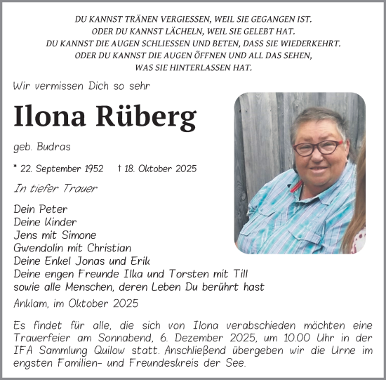 Traueranzeige von Ilona Rüberg von Nordkurier Vorpommern Kurier