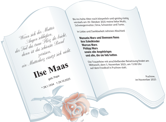 Traueranzeige von Ilse Maas von Nordkurier Müritz-Zeitung
