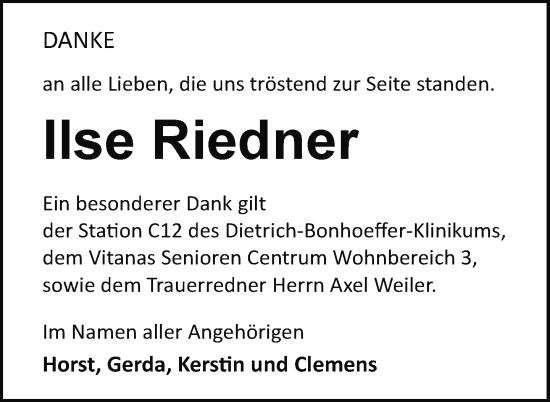 Traueranzeige von Ilse Riedner von Nordkurier Neubrandenburger Zeitung