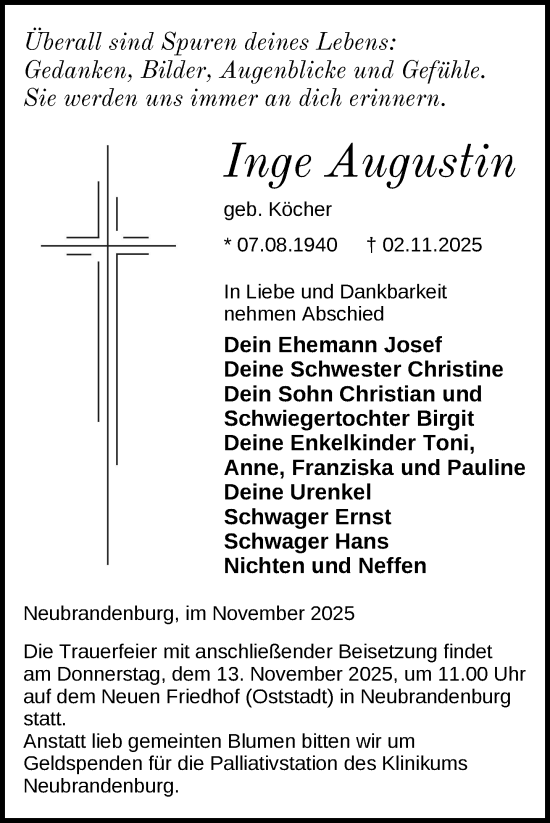 Traueranzeige von Inge Augustin von Nordkurier Neubrandenburger Zeitung