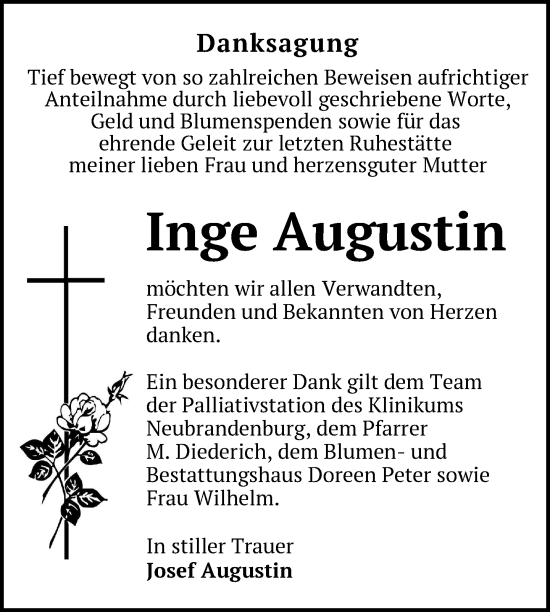 Traueranzeige von Inge Augustin von Nordkurier Neubrandenburger Zeitung