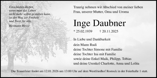 Traueranzeige von Inge Daubner von Norddeutsche Neueste Nachrichten