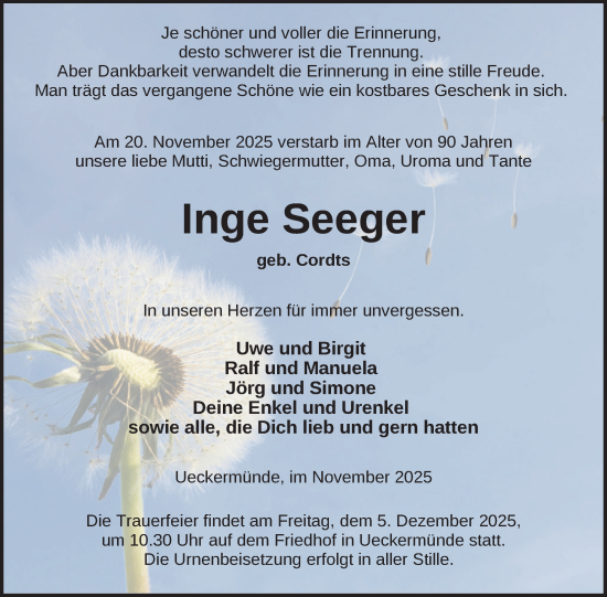 Traueranzeige von Inge Seeger von Nordkurier Grosso